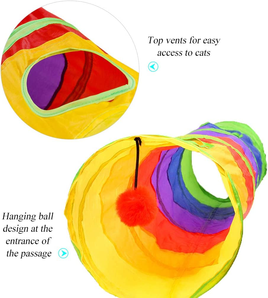 Cat Tunnel for Indoor Cats, 45" Long Rainbow Collapsible Kitten Tube with a Fun Ball and 2 Holes Cat Play Tunnel, Rabbit Tunnel for Kittens Exercising Hiding Training and Running(Colorful)