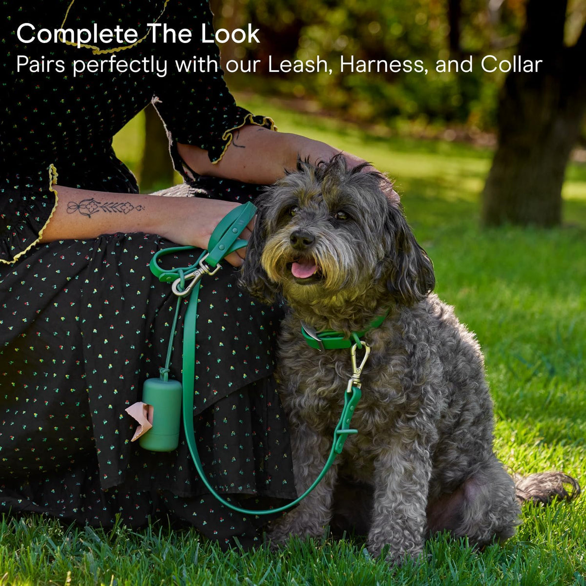 Dog Poop Bag Holder and Dispenser with Leash Attachment, Leak Proof, Easy Twist Top for Refills, Includes 1 Roll Bags, Black