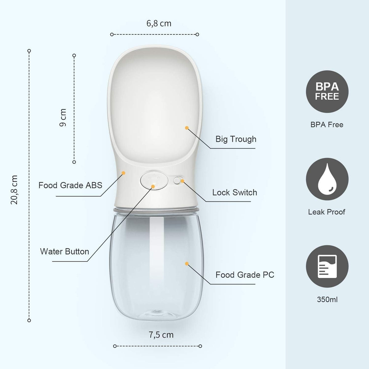 Portable Leak-Proof Dog Water Bottle with Drinking Feeder for Travel - 12 oz Milk White