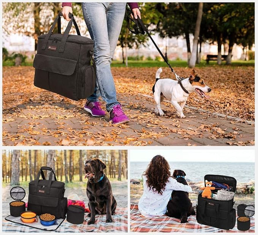 Weekend Dog Travel Bag Set with Food Bags, Bowls, and Mat - Black