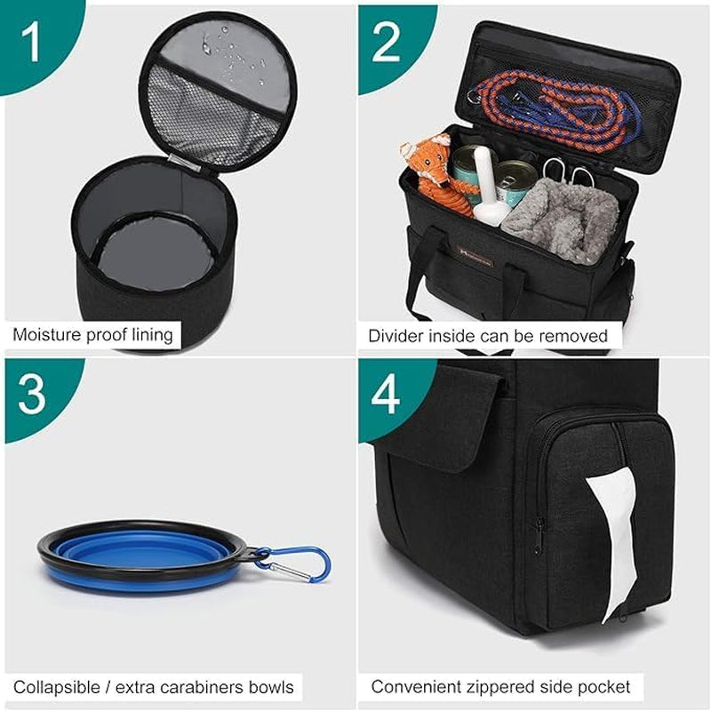 Weekend Dog Travel Bag Set with Food Bags, Bowls, and Mat - Black
