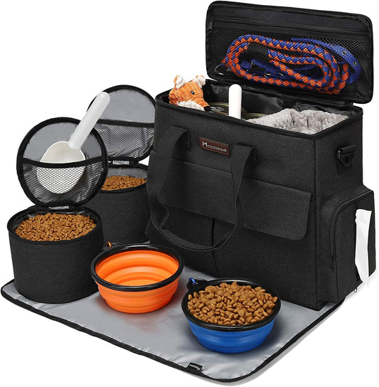 Weekend Dog Travel Bag Set with Food Bags, Bowls, and Mat - Black