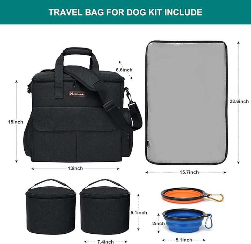 Weekend Dog Travel Bag Set with Food Bags, Bowls, and Mat - Black
